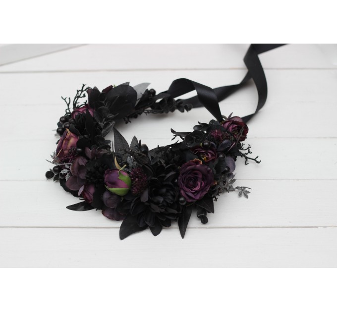 Black purple flower crown. Halloween flower crown. Hair wreath. Gothic flower crown. Wedding flowers. 5070