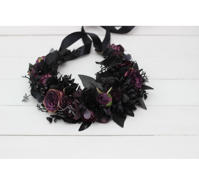 Black purple flower crown. Halloween flower crown. Hair wreath. Gothic flower crown. Wedding flowers. 5070