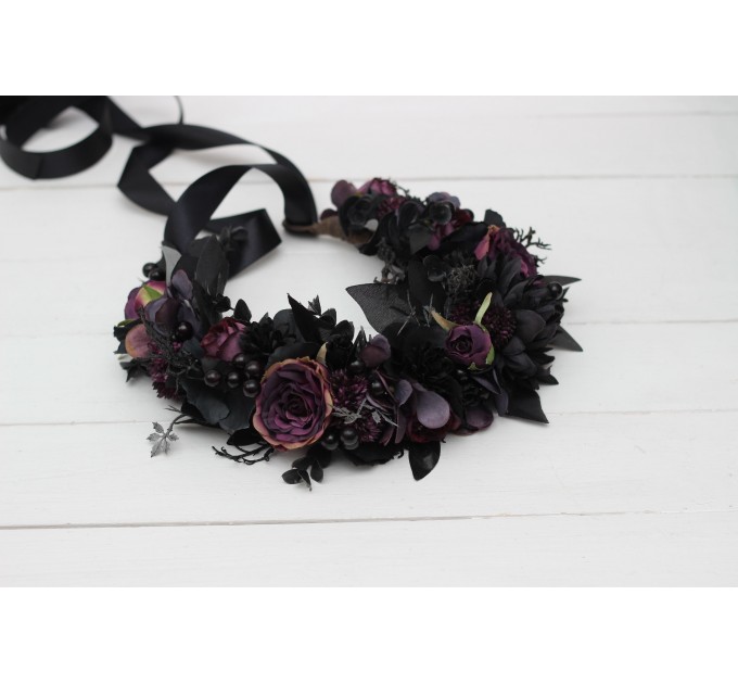 Black purple flower crown. Halloween flower crown. Hair wreath. Gothic flower crown. Wedding flowers. 5070