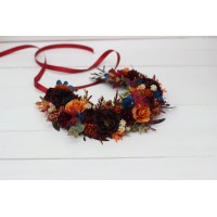 Rust orange burgundy blue flower crown. Hair wreath. Flower girl crown. Wedding flowers. 0043