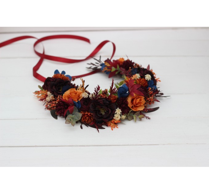 Rust orange burgundy blue flower crown. Hair wreath. Flower girl crown. Wedding flowers. 0043
