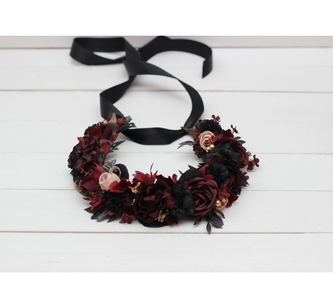 Burgundy beige black gold flower crown. Hair wreath. Flower girl crown. Halloween wedding. 0018