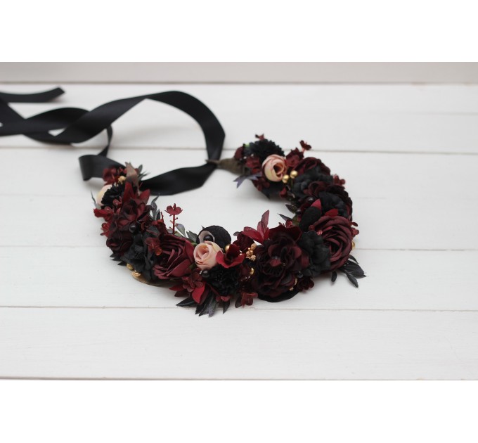 Burgundy beige black gold flower crown. Hair wreath. Flower girl crown. Halloween wedding. 0018