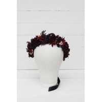 Burgundy beige black gold flower crown. Hair wreath. Flower girl crown. Halloween wedding. 0018