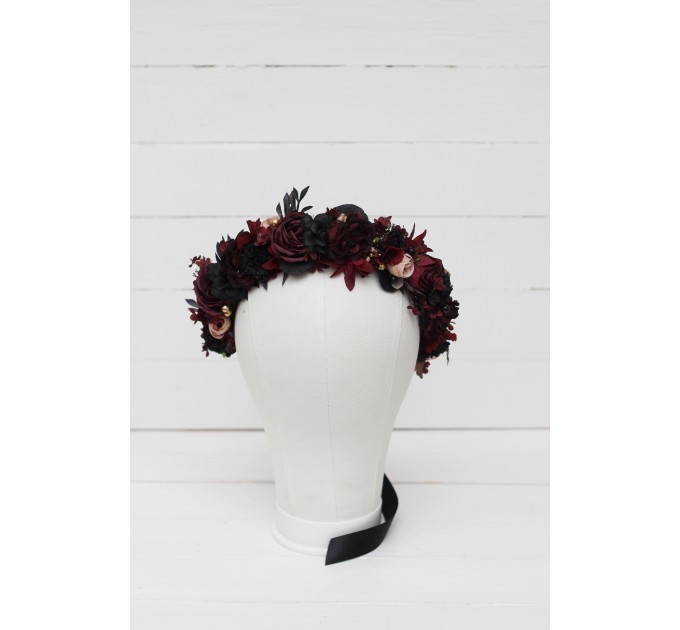 Burgundy beige black gold flower crown. Hair wreath. Flower girl crown. Halloween wedding. 0018
