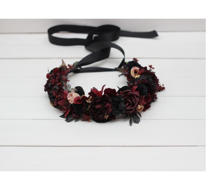 Burgundy beige black gold flower crown. Hair wreath. Flower girl crown. Halloween wedding. 0018