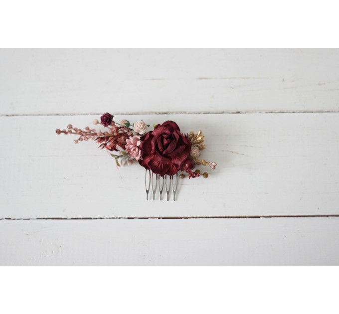 Flower comb in burgundy blush pink color scheme. Wedding accessories for hair. Bridal flower comb. Bridesmaid floral comb. 5192-8001