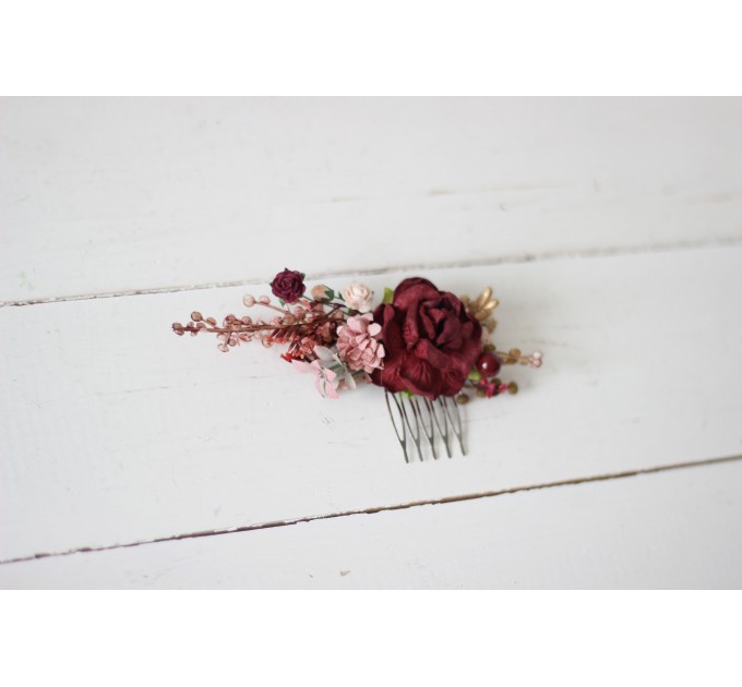 Flower comb in burgundy blush pink color scheme. Wedding accessories for hair. Bridal flower comb. Bridesmaid floral comb. 5192-8001