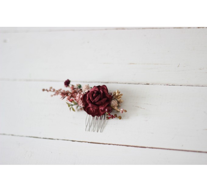 Flower comb in burgundy blush pink color scheme. Wedding accessories for hair. Bridal flower comb. Bridesmaid floral comb. 5192-8001