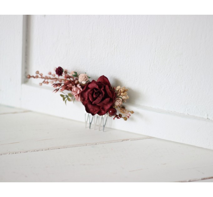 Flower comb in burgundy blush pink color scheme. Wedding accessories for hair. Bridal flower comb. Bridesmaid floral comb. 5192-8001