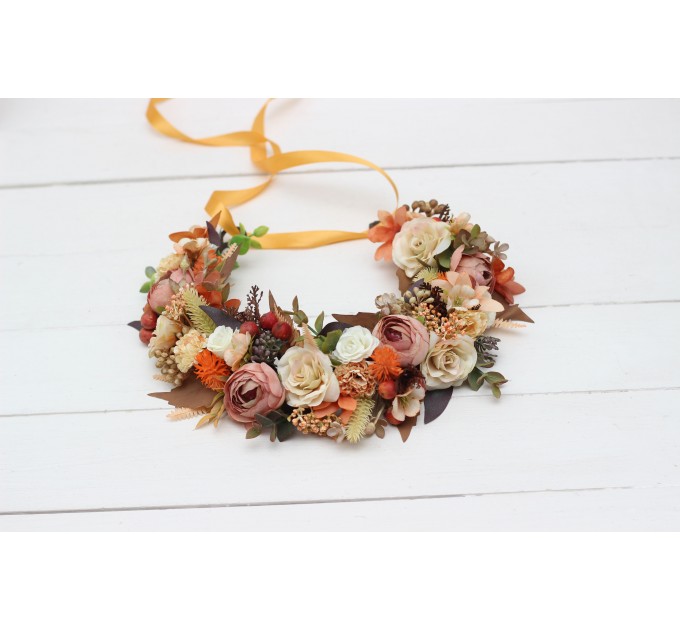 Orange ivory rust terracotta flower crown. Hair wreath. Flower girl crown. Wedding flowers. 0029