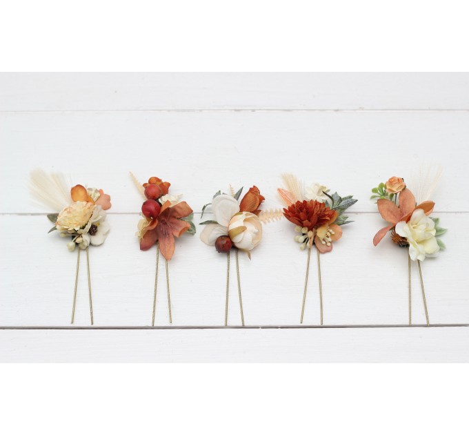  Set of  5 hair pins in rust ivory terracotta color scheme. Hair accessories. Flower accessories for wedding.  0029