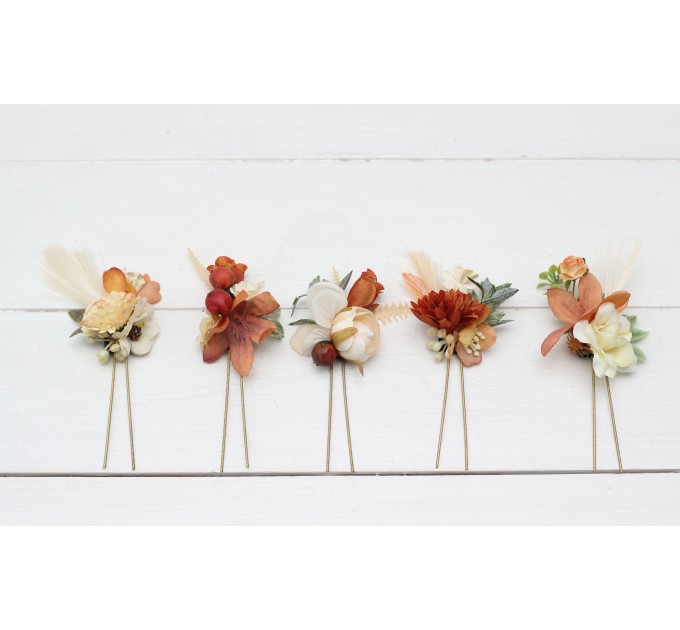 Set of 5 hair pins in rust ivory terracotta color scheme. Hair accessories. Flower accessories for wedding. 0029