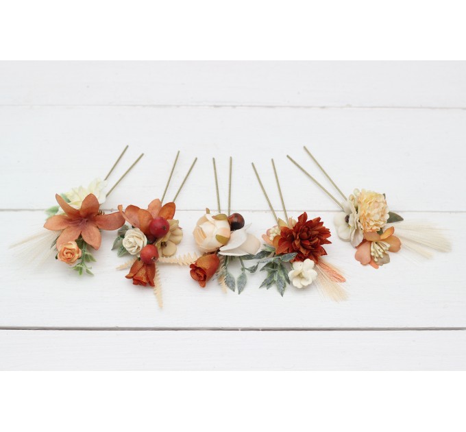 Set of 5 hair pins in rust ivory terracotta color scheme. Hair accessories. Flower accessories for wedding. 0029