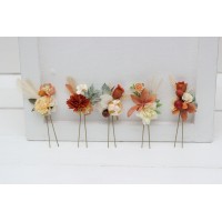  Set of  5 hair pins in rust ivory terracotta color scheme. Hair accessories. Flower accessories for wedding.  0029