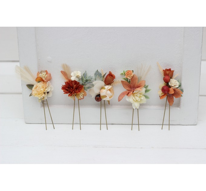 Set of 5 hair pins in rust ivory terracotta color scheme. Hair accessories. Flower accessories for wedding. 0029