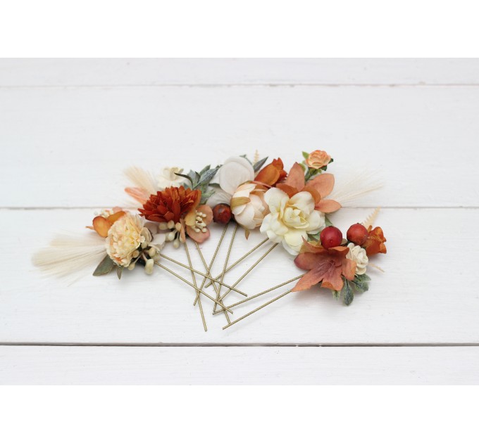 Set of 5 hair pins in rust ivory terracotta color scheme. Hair accessories. Flower accessories for wedding. 0029