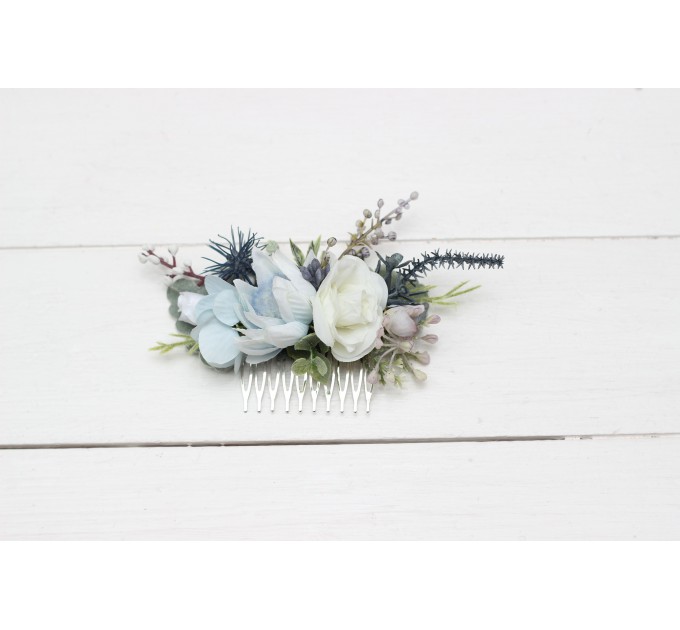 Flower comb in dusty blue white  color scheme. Wedding accessories for hair. Bridal flower comb. Bridesmaid floral comb. 5200