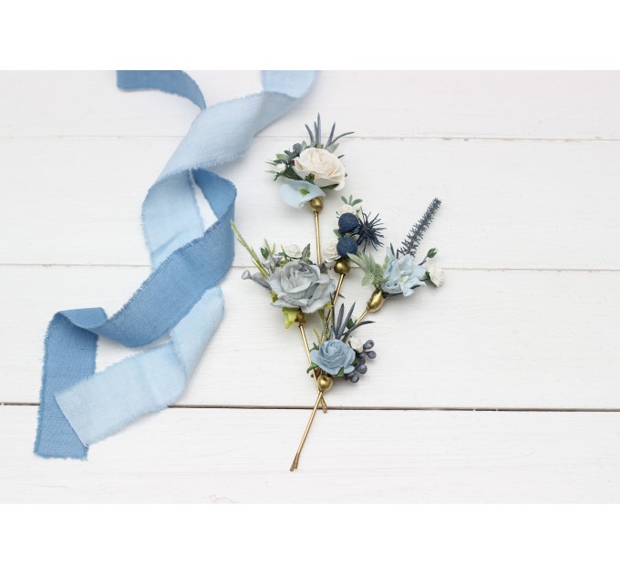 Set of 5 bobby pins in dusty blue white color scheme. Hair accessories. Flower accessories for wedding. 5200