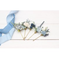  Set of  5 bobby pins in  dusty blue white  color scheme. Hair accessories. Flower accessories for wedding.  5200