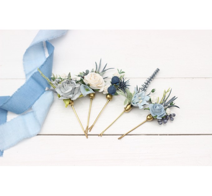 Set of 5 bobby pins in dusty blue white color scheme. Hair accessories. Flower accessories for wedding. 5200