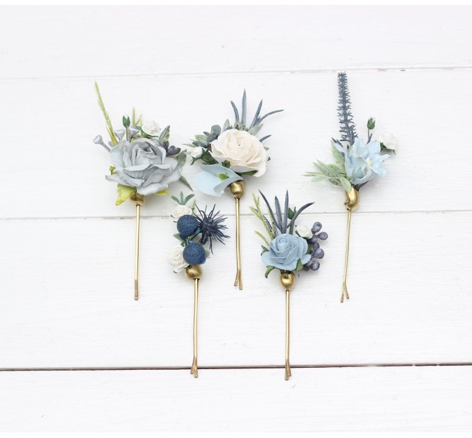 Set of 5 bobby pins in dusty blue white color scheme. Hair accessories. Flower accessories for wedding. 5200