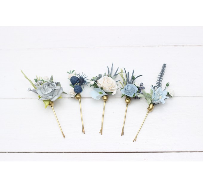 Set of 5 bobby pins in dusty blue white color scheme. Hair accessories. Flower accessories for wedding. 5200