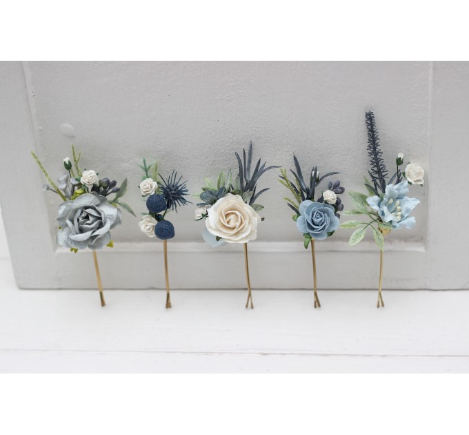 Set of 5 bobby pins in dusty blue white color scheme. Hair accessories. Flower accessories for wedding. 5200