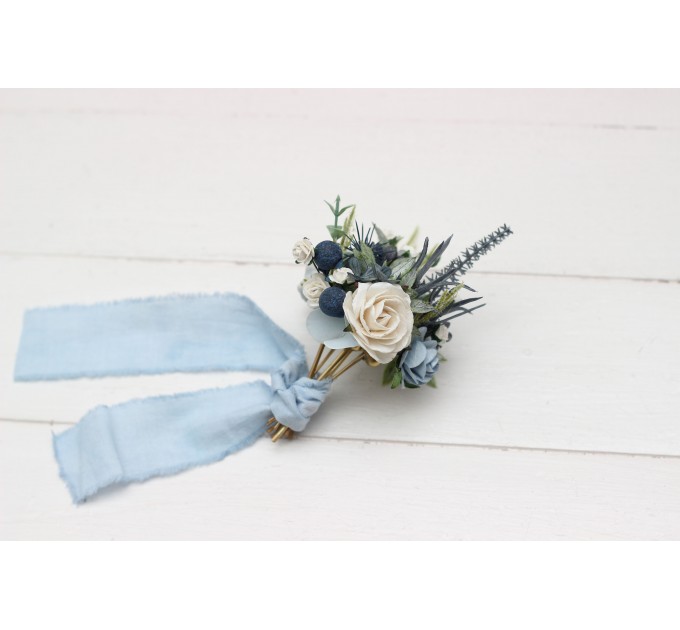 Set of 5 bobby pins in dusty blue white color scheme. Hair accessories. Flower accessories for wedding. 5200