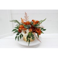 Burnt orange ivory rust emerald green centerpiece. Table decor. Wedding flowers in box. 5201