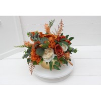 Burnt orange ivory rust emerald green centerpiece. Table decor. Wedding flowers in box. 5201