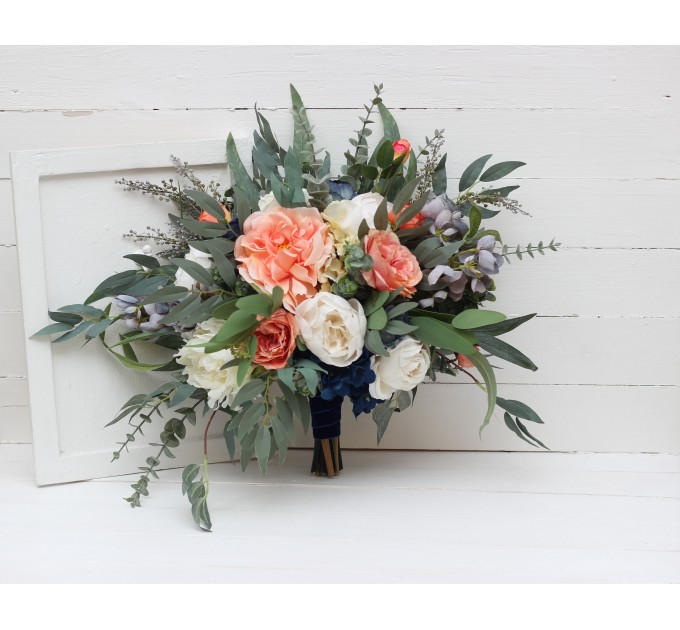 Wedding bouquets in navy blue coral ivory colors. Bridal bouquet. Faux bouquet. Bridesmaid bouquet. 5084
