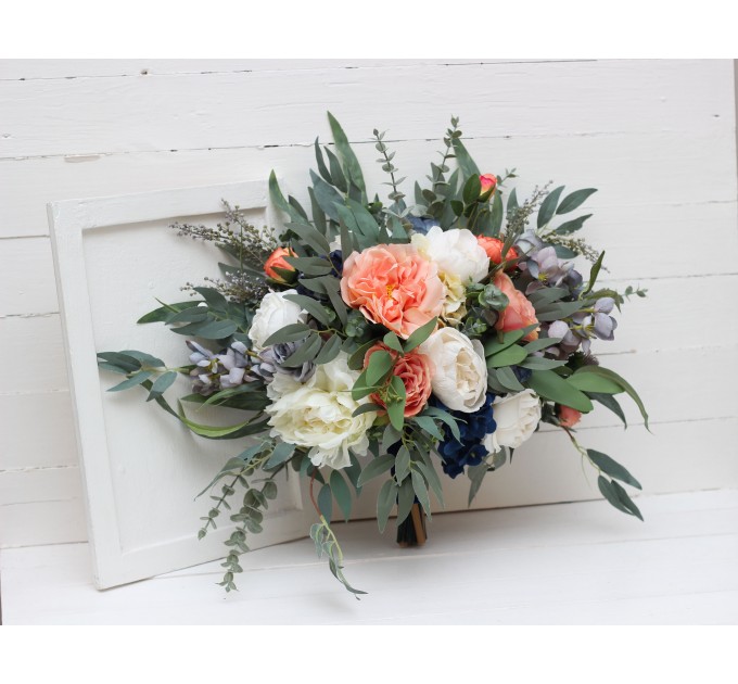 Wedding bouquets in navy blue coral ivory colors. Bridal bouquet. Faux bouquet. Bridesmaid bouquet. 5084