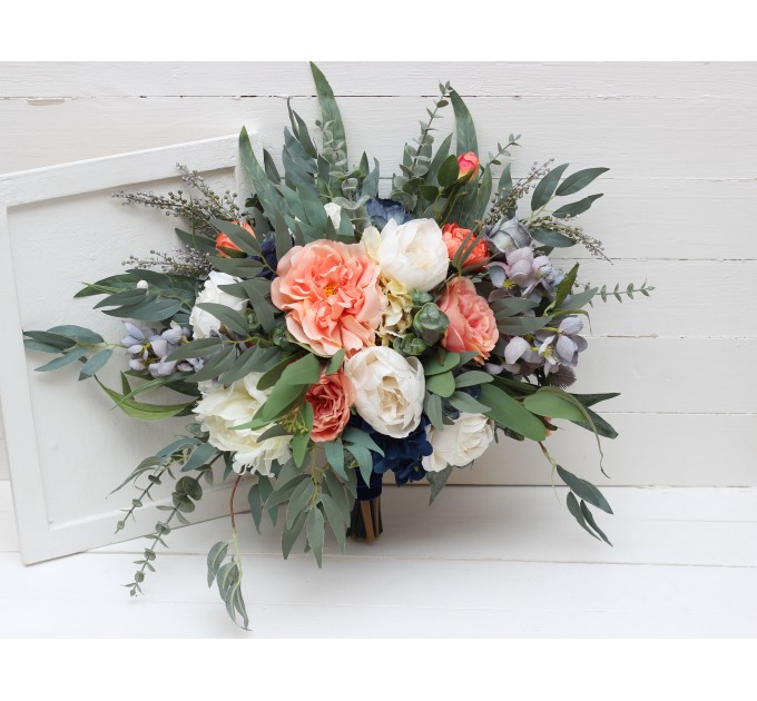 Wedding bouquets in navy blue coral ivory colors. Bridal bouquet. Faux bouquet. Bridesmaid bouquet. 5084