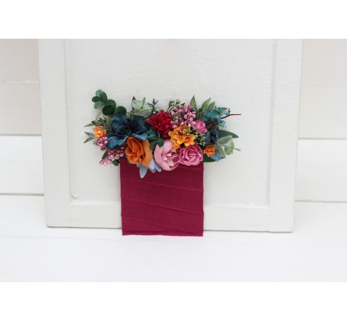 Pocket Boutonniere for Jewel-Tone Wedding | Emerald Green, Orange, Magenta & Teal Flower Accessories