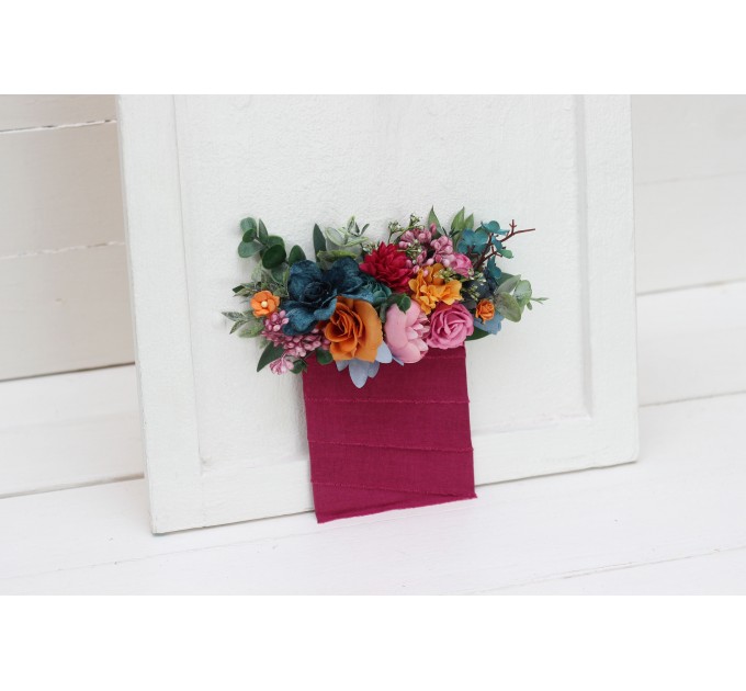 Pocket Boutonniere for Jewel-Tone Wedding | Emerald Green, Orange, Magenta & Teal Flower Accessories