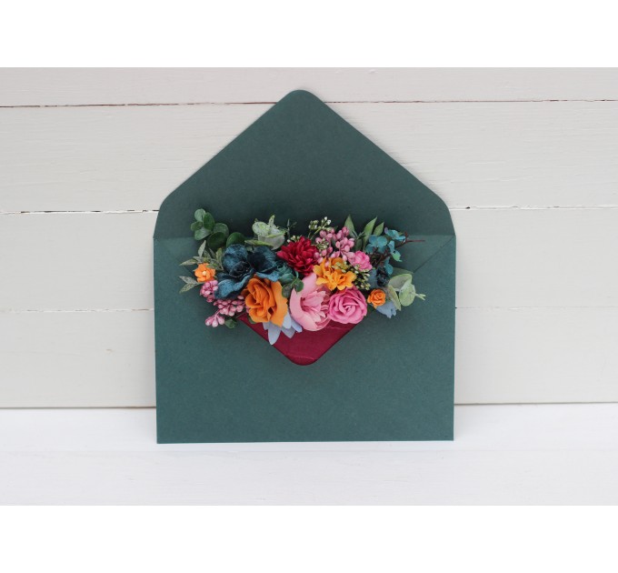 Pocket boutonniere.  Jewel-tone wedding. Emerald green orange magenta teal flowers. Flower accessories. 5187