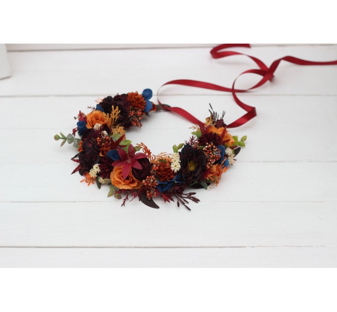 Rust orange burgundy blue flower crown. Hair wreath. Flower girl crown. Wedding flowers. 0043