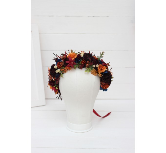 Rust orange burgundy blue flower crown. Hair wreath. Flower girl crown. Wedding flowers. 0043