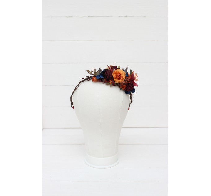 Rust orange burgundy blue flower crown. Hair wreath. Flower girl crown. Wedding flowers. 0043