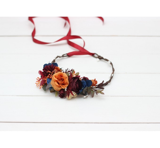 Rust orange burgundy blue flower crown. Hair wreath. Flower girl crown. Wedding flowers. 0043