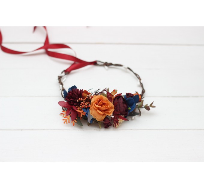 Rust orange burgundy blue flower crown. Hair wreath. Flower girl crown. Wedding flowers. 0043