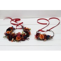 Rust orange burgundy blue flower crown. Hair wreath. Flower girl crown. Wedding flowers. 0043