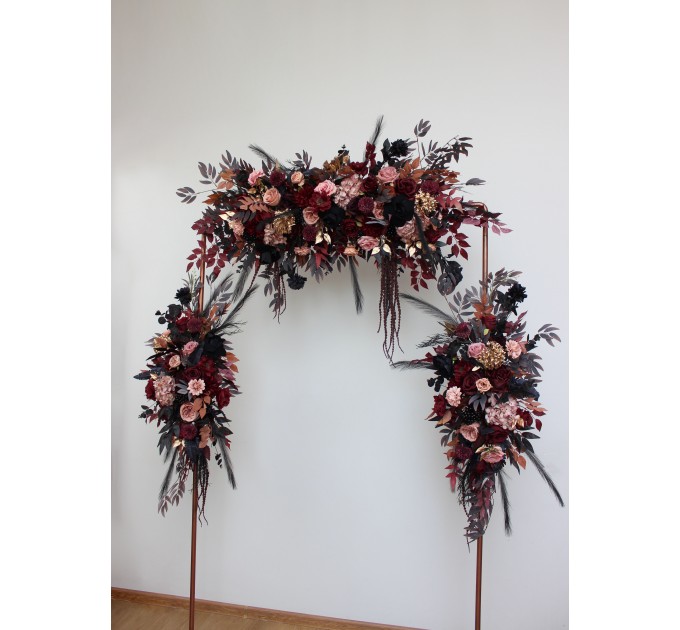Flower Arch Arrangement in Black, Burgundy, Dusty Rose & Gold | Faux Floral Archway for Wedding