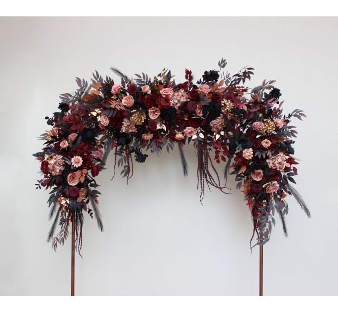 Flower Arch Arrangement in Black, Burgundy, Dusty Rose & Gold | Faux Floral Archway for Wedding