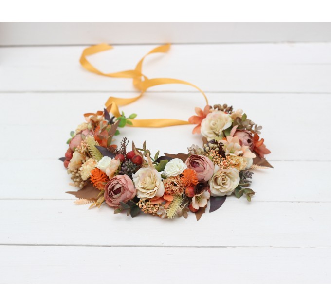 Orange ivory rust terracotta flower crown. Hair wreath. Flower girl crown. Wedding flowers. 0029