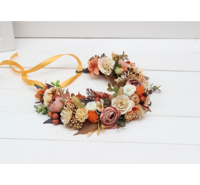 Orange ivory rust terracotta flower crown. Hair wreath. Flower girl crown. Wedding flowers. 0029