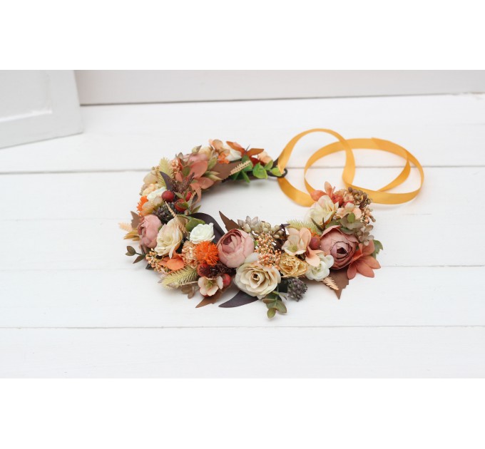 Orange ivory rust terracotta flower crown. Hair wreath. Flower girl crown. Wedding flowers. 0029