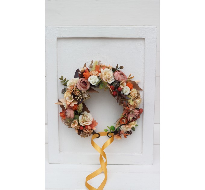 Orange ivory rust terracotta flower crown. Hair wreath. Flower girl crown. Wedding flowers. 0029