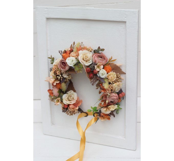 Orange ivory rust terracotta flower crown. Hair wreath. Flower girl crown. Wedding flowers. 0029